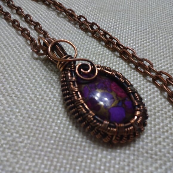 Rustic PURPLE TURQUOISE COPPER WIRE-WRAPPED Pendant/Chain #86C - Picture 3 of 3